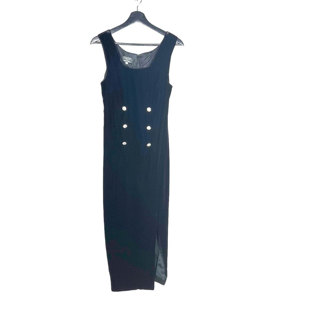 Vintage 90s Black Velvet Sleeveless Tapered Full Length Dress Medium